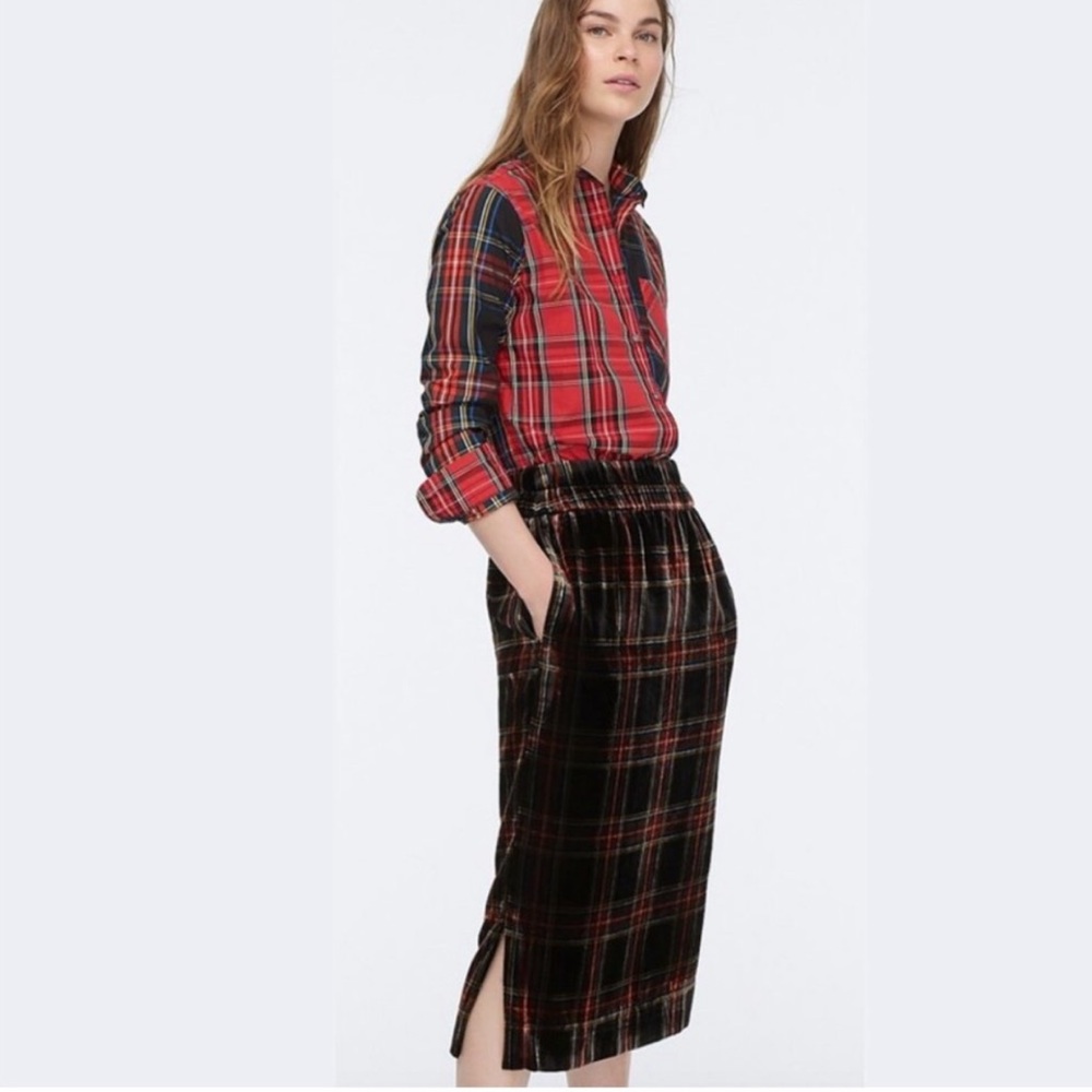 ☀️J.Crew Chloe Velvet Plaid Tartan Midi Skirt